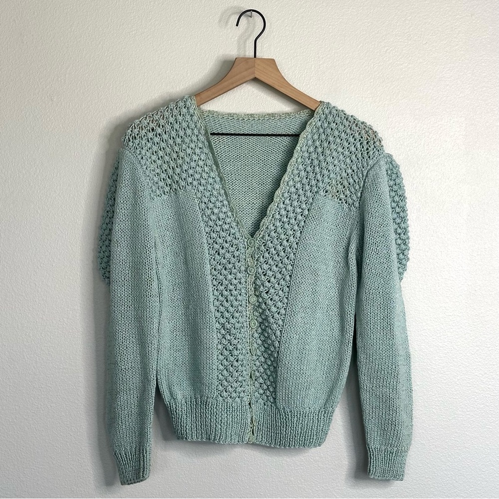 Vintage Handknit Blue Button Up Sweater Sz M
